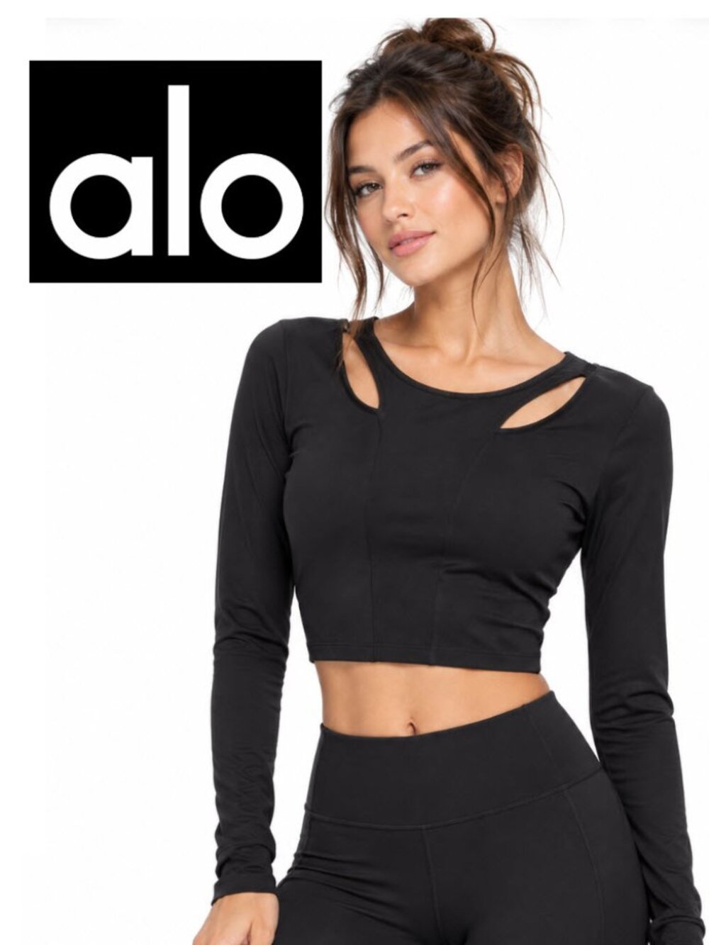 ALO Yoga Black Cutout Long Sleeve Crop Top Medium Athleisure Y2K